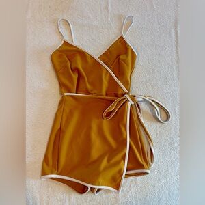 Mocking Jay Mustard Romper White Trim Skirt Style Spaghetti Straps Small